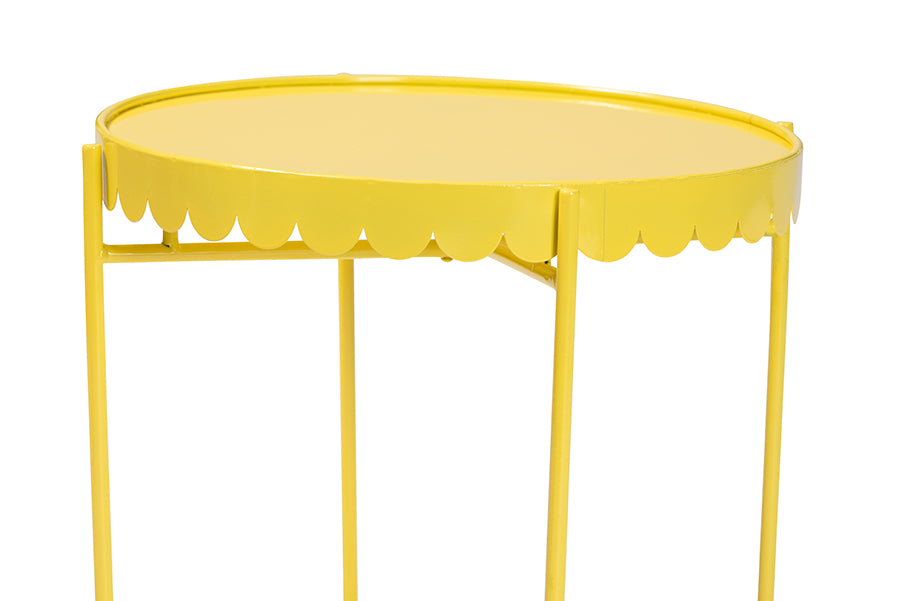 Baxton Studio Laverne Yellow Metal Side Table with Scalloped Tray Top - Round Accent Table with Decorative Base for Indoor or Semi-Outdoor Use FredCo