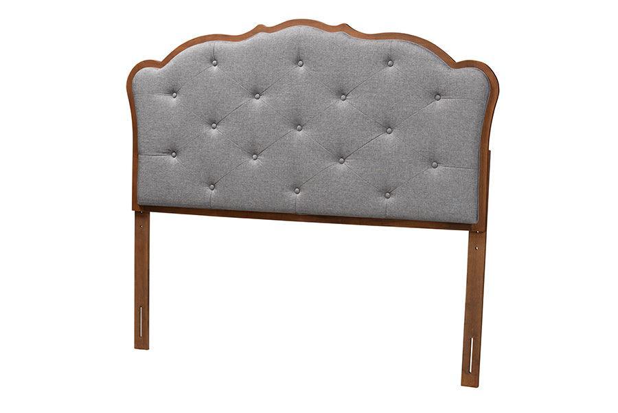 Baxton Studio Leandra Classic and Traditional Grey Fabric and Walnut Brown Finished Wood Headboard FredCo