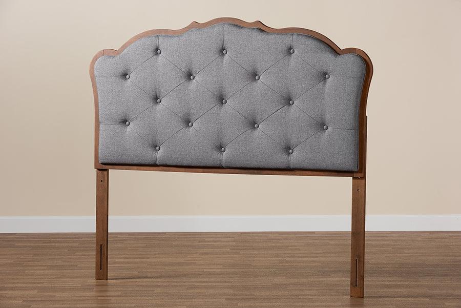 Baxton Studio Leandra Classic and Traditional Grey Fabric and Walnut Brown Finished Wood Headboard FredCo