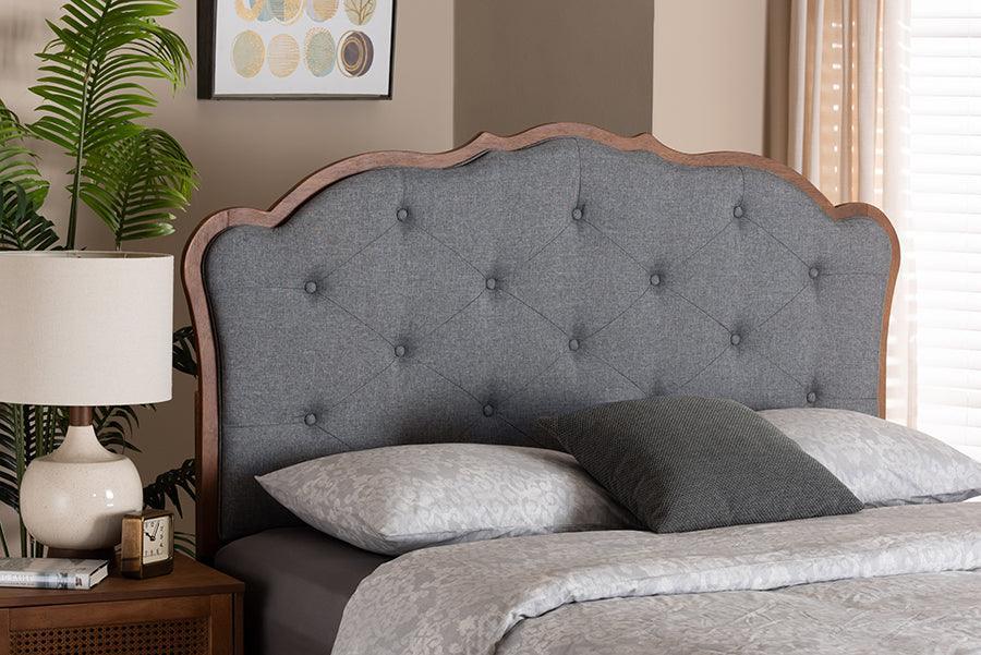 Baxton Studio Leandra Classic and Traditional Grey Fabric and Walnut Brown Finished Wood Headboard FredCo