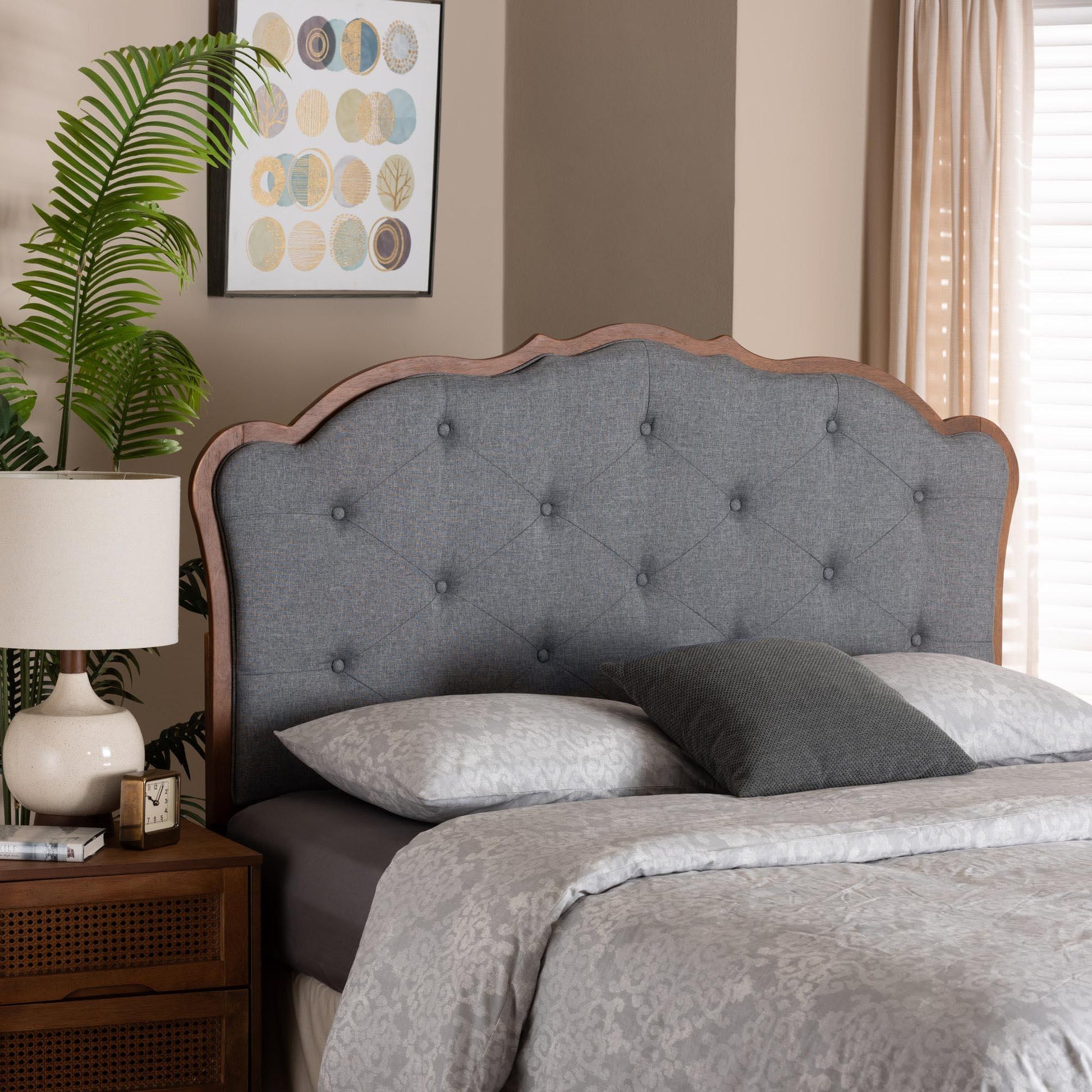 Baxton Studio Leandra Classic and Traditional Grey Fabric and Walnut Brown Finished Wood Headboard FredCo