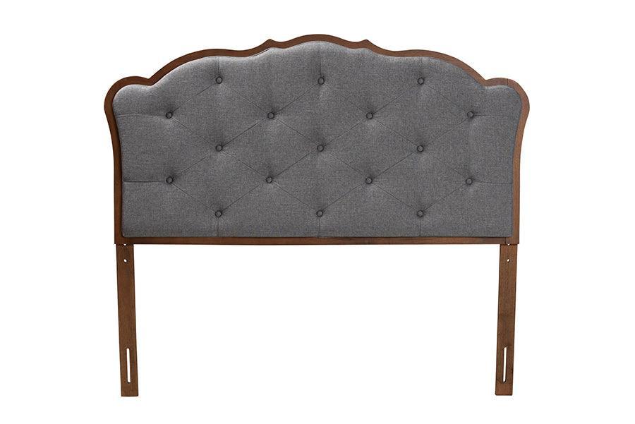 Baxton Studio Leandra Classic and Traditional Grey Fabric and Walnut Brown Finished Wood Headboard FredCo