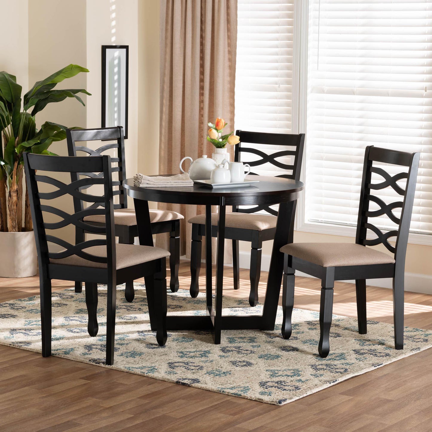 Baxton Studio Leda Modern Sand Fabric and Dark Brown Finished Wood 5-Piece Dining Set FredCo