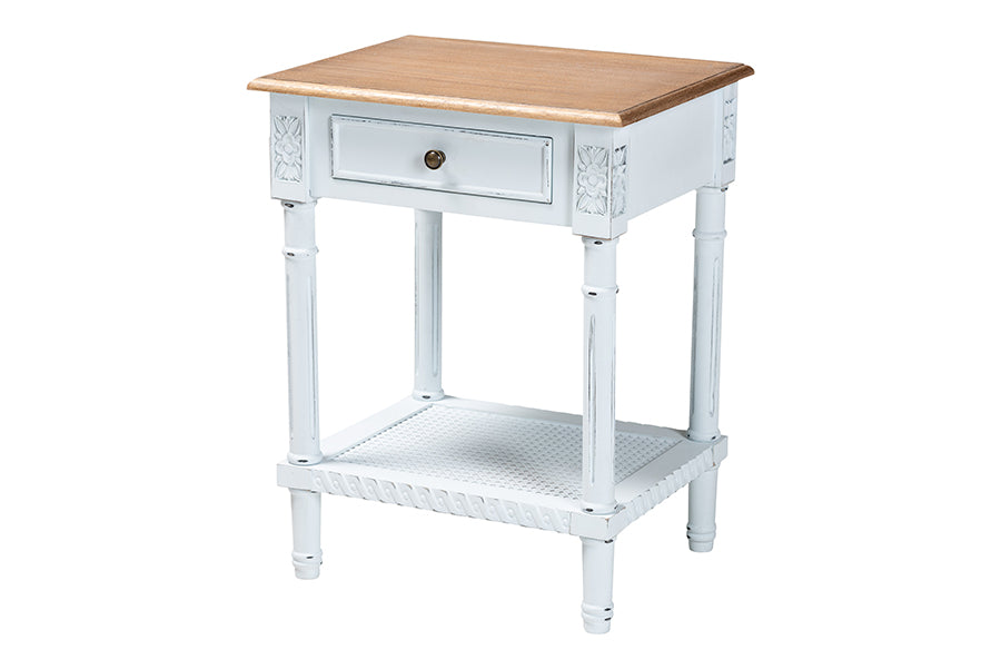 Baxton Studio Legrand Classic French Two-Tone White and Natural Brown 1-Drawer End Table FredCo