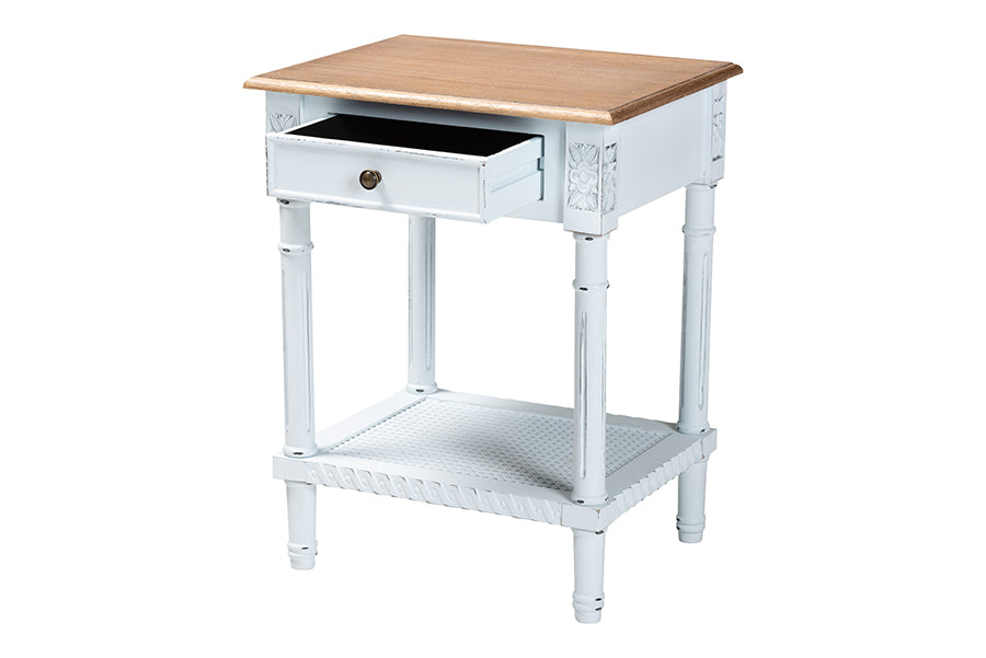 Baxton Studio Legrand Classic French Two-Tone White and Natural Brown 1-Drawer End Table FredCo