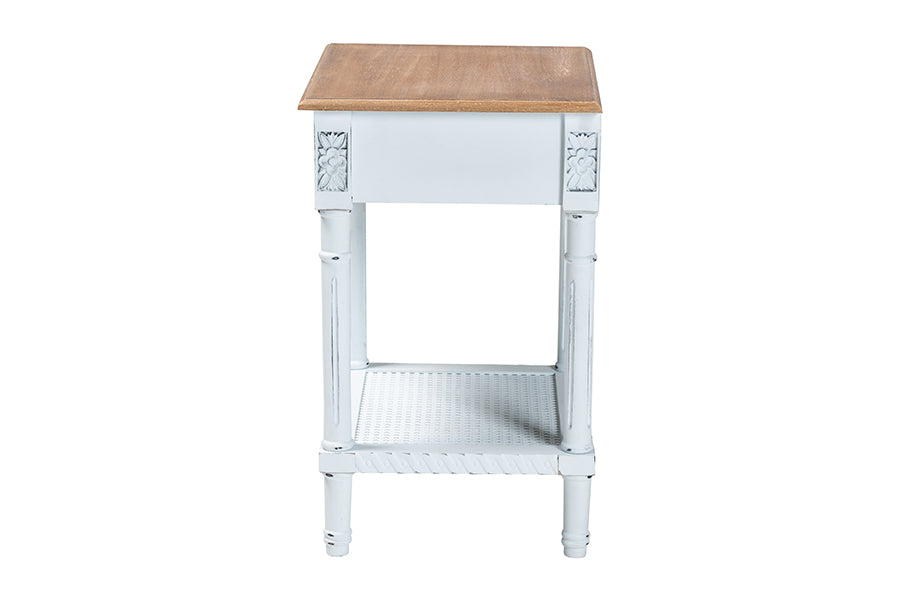 Baxton Studio Legrand Classic French Two-Tone White and Natural Brown 1-Drawer End Table FredCo