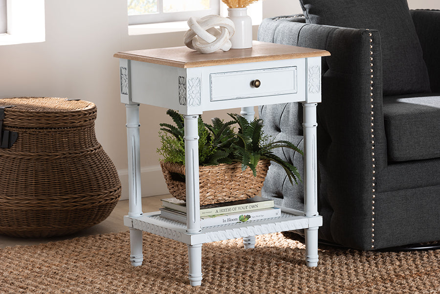 Baxton Studio Legrand Classic French Two-Tone White and Natural Brown 1-Drawer End Table FredCo