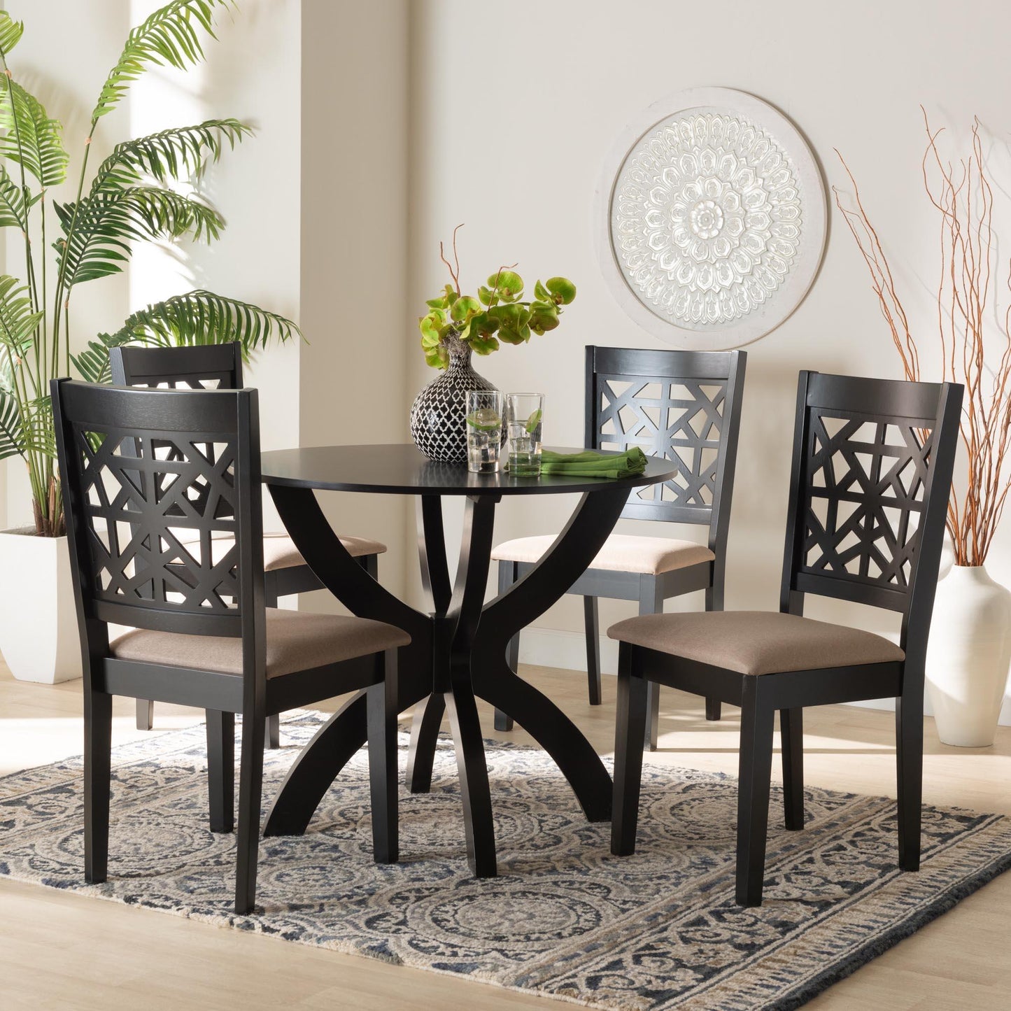 Baxton Studio Lena Modern Beige Fabric and Dark Brown Finished Wood 5-Piece Dining Set FredCo