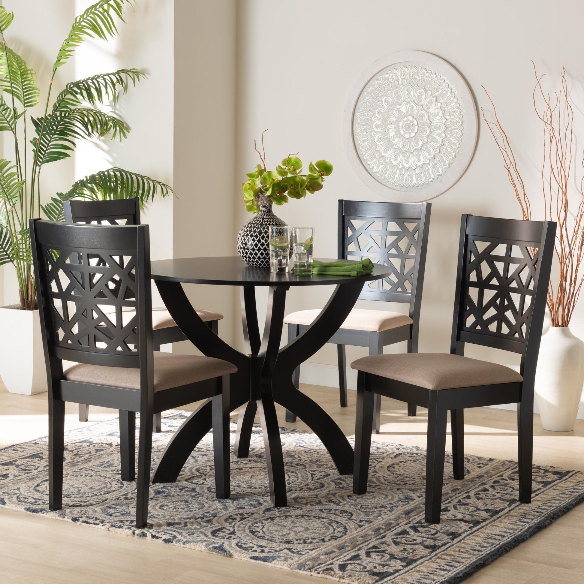 Baxton Studio Lena Modern Beige Fabric and Dark Brown Finished Wood 5-Piece Dining Set FredCo