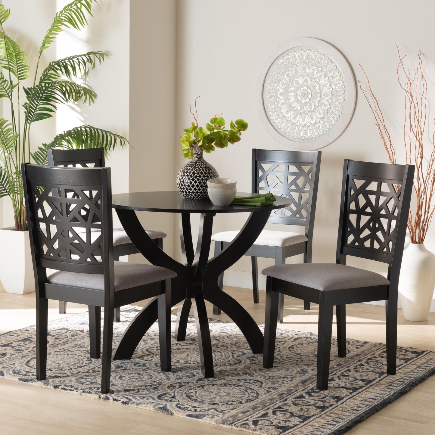 Baxton Studio Lena Modern Grey Fabric and Dark Brown Finished Wood 5-Piece Dining Set FredCo