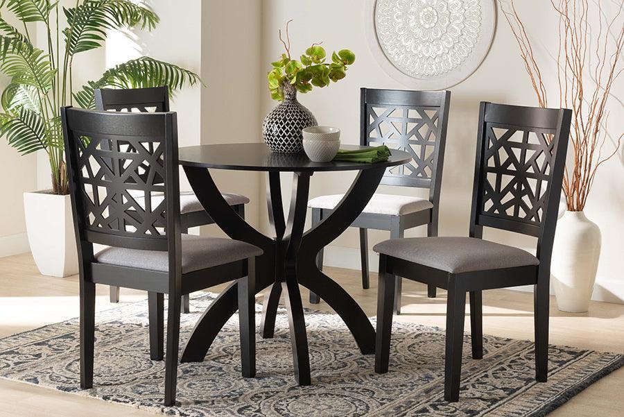 Baxton Studio Lena Modern Grey Fabric and Dark Brown Finished Wood 5-Piece Dining Set FredCo