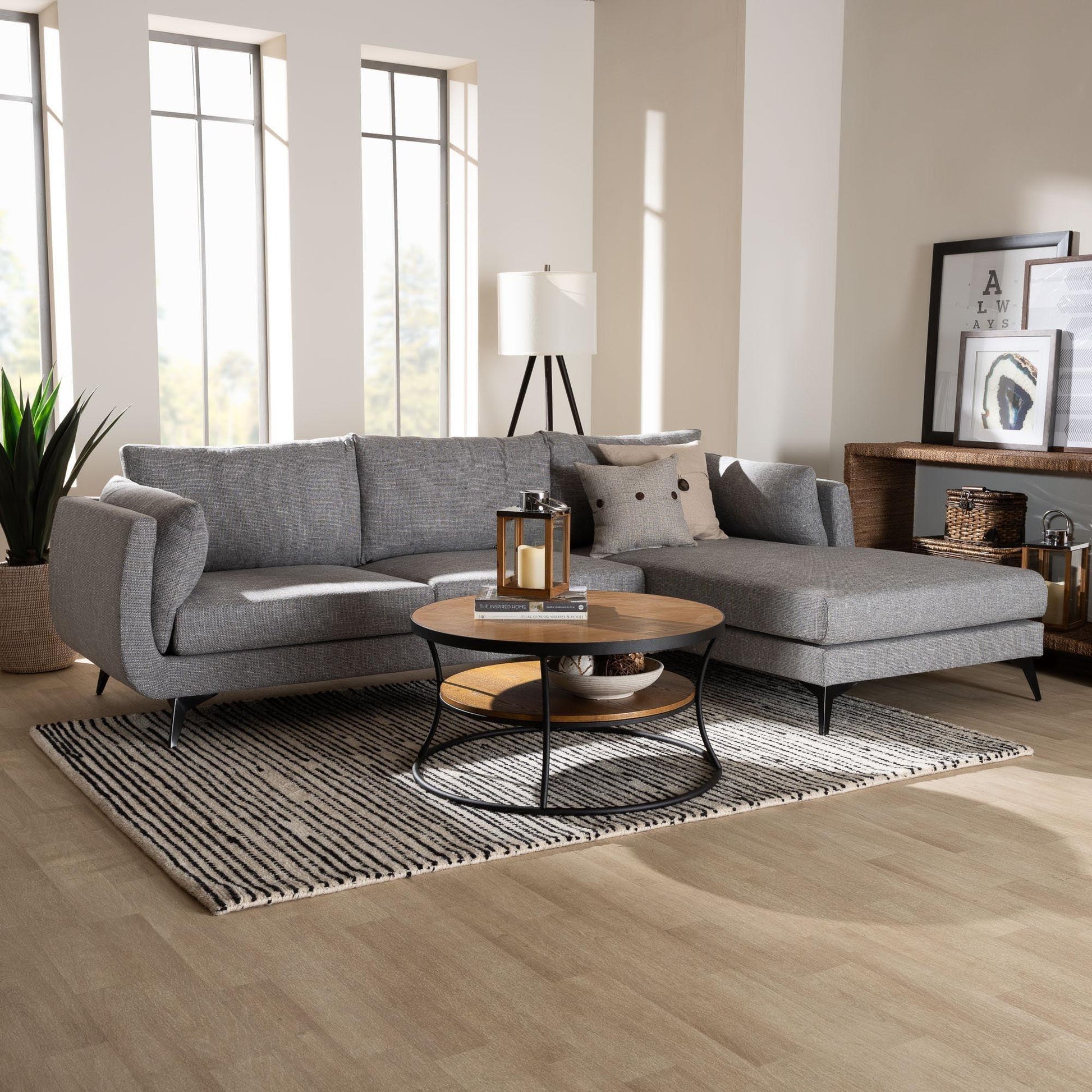 Baxton Studio Leni Modern Grey Twill Fabric Right Facing Sectional Sofa FredCo