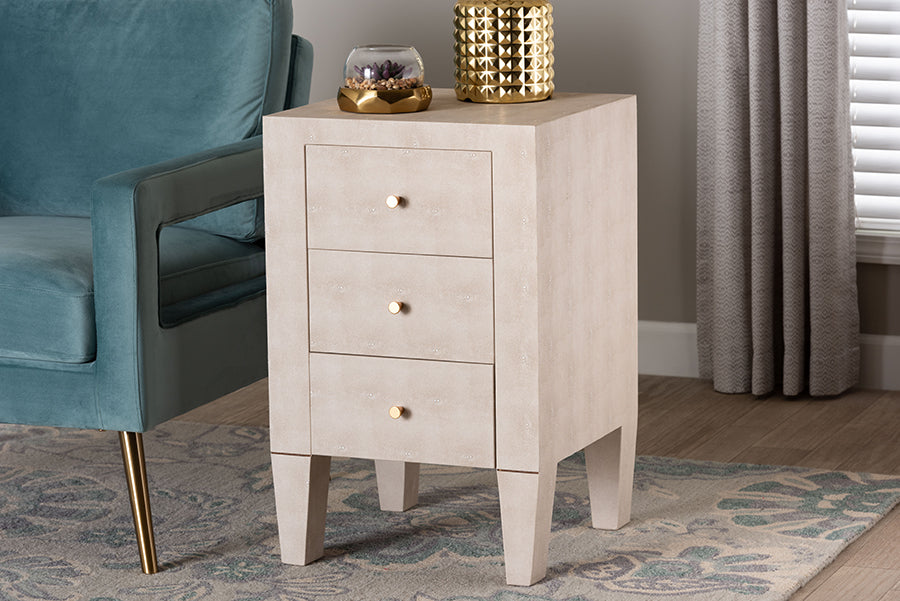 Baxton Studio Leyna Modern Beige Faux Shagreen 3-Drawer End Table FredCo