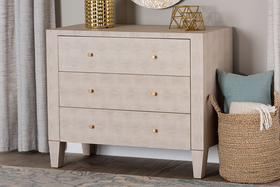 Baxton Studio Leyna Modern Beige Faux Shagreen 3-Drawer Storage Cabinet FredCo