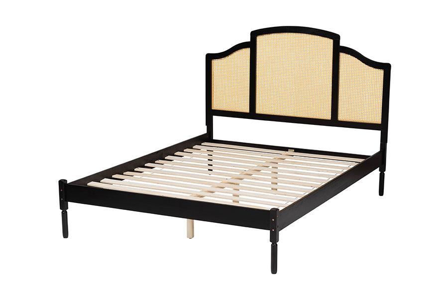 Baxton Studio Librina Classic and Traditional Black Finished Wood Queen Size Platform Bed with Woven Rattan FredCo