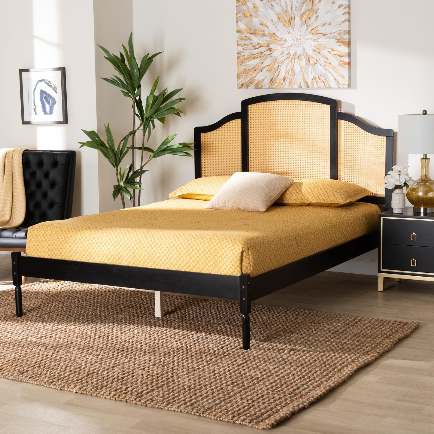 Baxton Studio Librina Classic and Traditional Black Finished Wood Queen Size Platform Bed with Woven Rattan FredCo