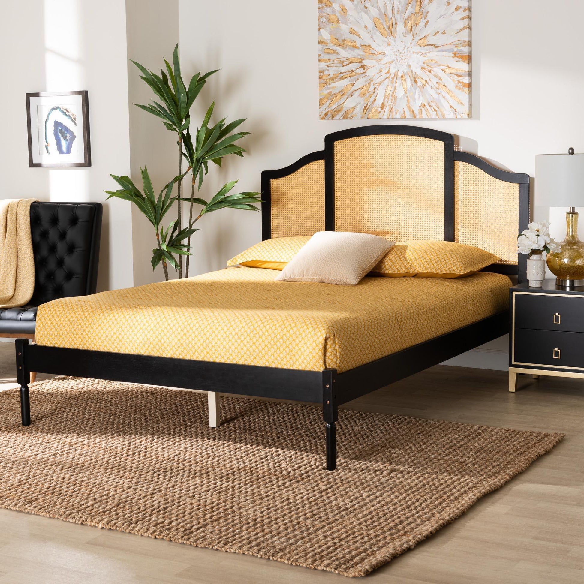 Baxton Studio Librina Classic and Traditional Black Finished Wood Queen Size Platform Bed with Woven Rattan FredCo