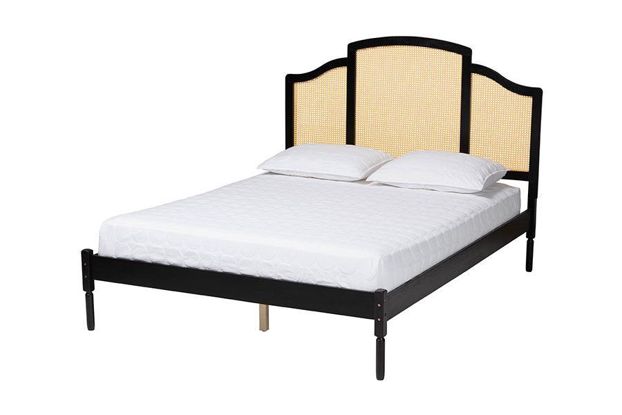 Baxton Studio Librina Classic and Traditional Black Finished Wood Queen Size Platform Bed with Woven Rattan FredCo