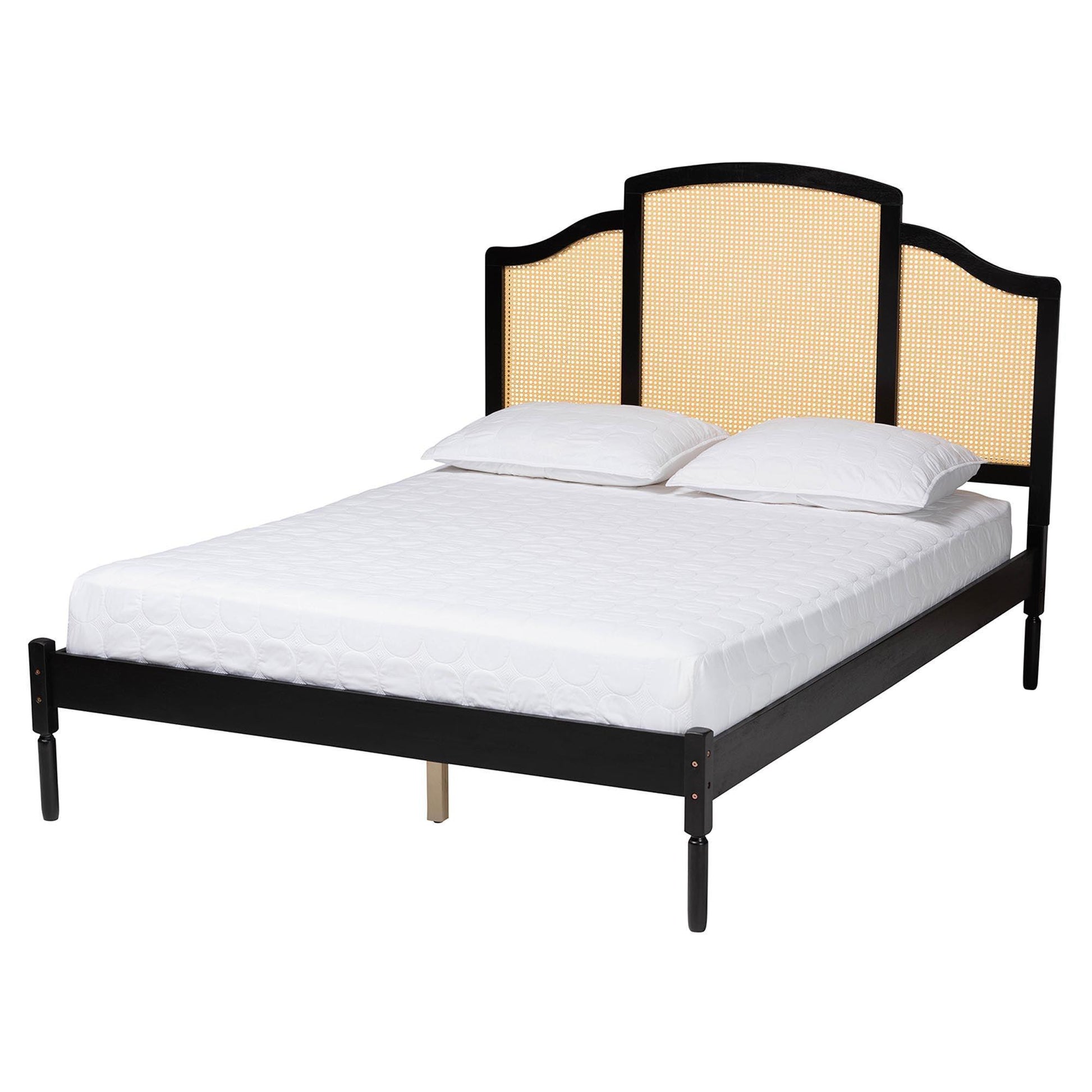 Baxton Studio Librina Classic and Traditional Black Finished Wood Queen Size Platform Bed with Woven Rattan FredCo