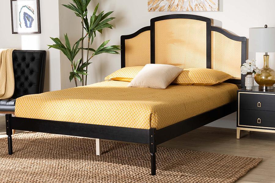 Baxton Studio Librina Classic and Traditional Black Finished Wood Queen Size Platform Bed with Woven Rattan FredCo
