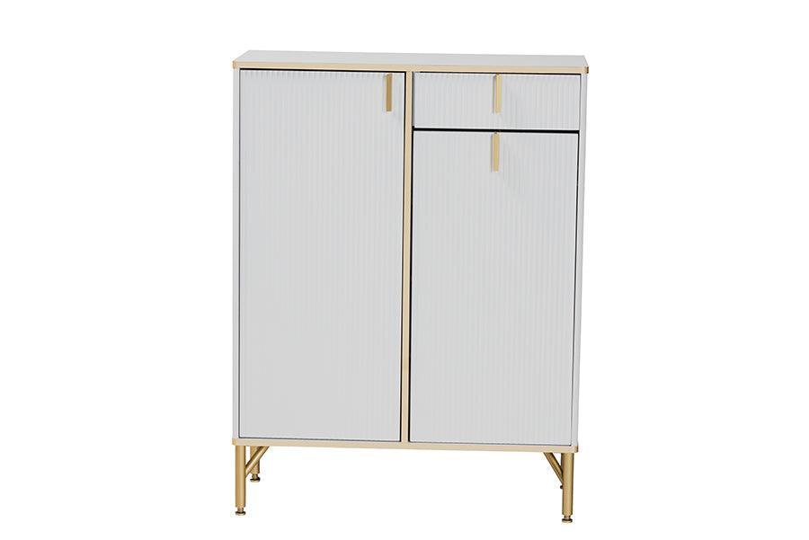 Baxton Studio Lilac Modern Glam White Wood and Gold Metal 2-Door Shoe Cabinet FredCo