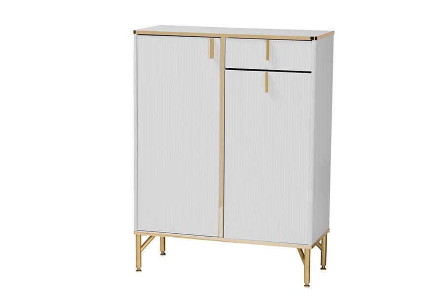Baxton Studio Lilac Modern Glam White Wood and Gold Metal 2-Door Shoe Cabinet FredCo