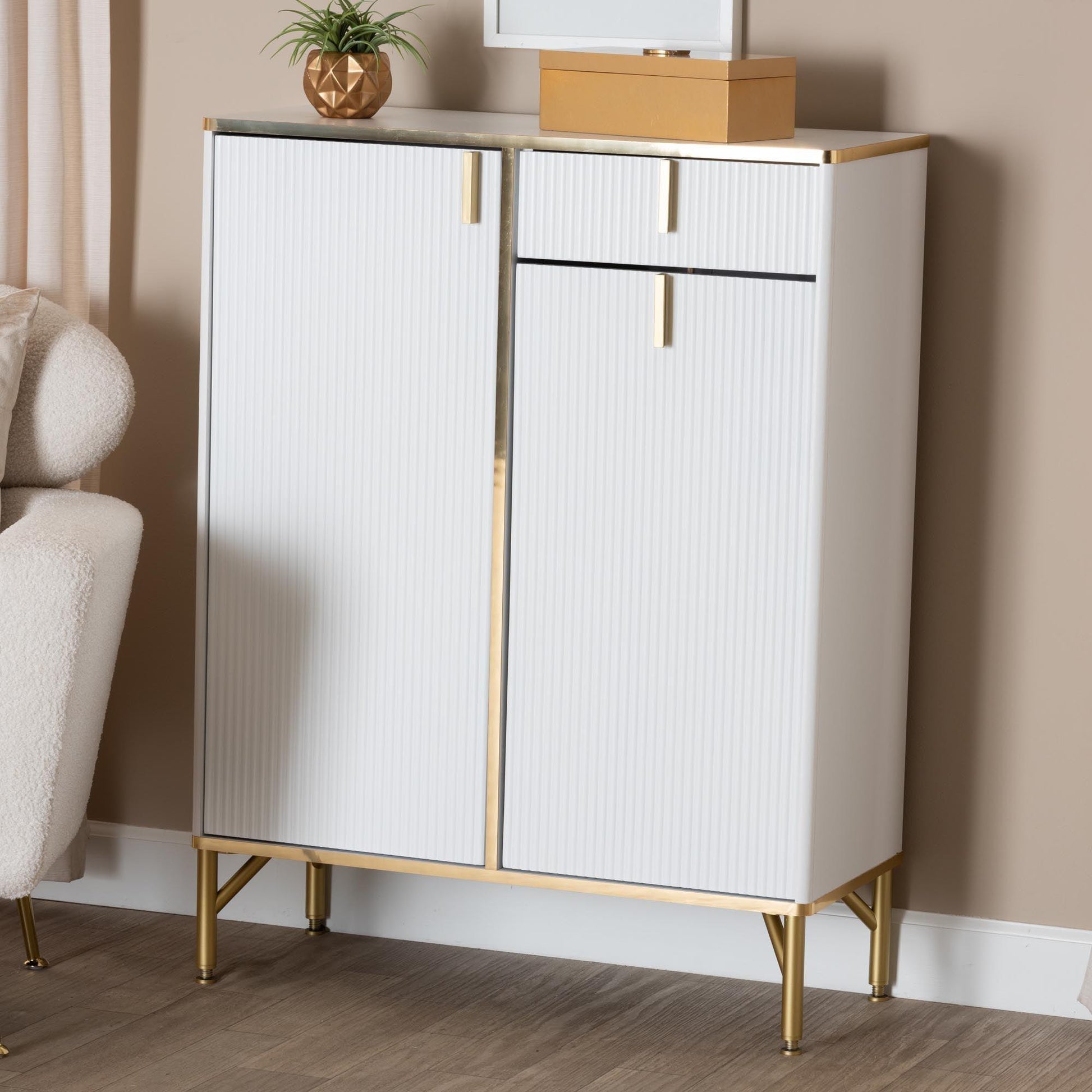 Baxton Studio Lilac Modern Glam White Wood and Gold Metal 2-Door Shoe Cabinet FredCo