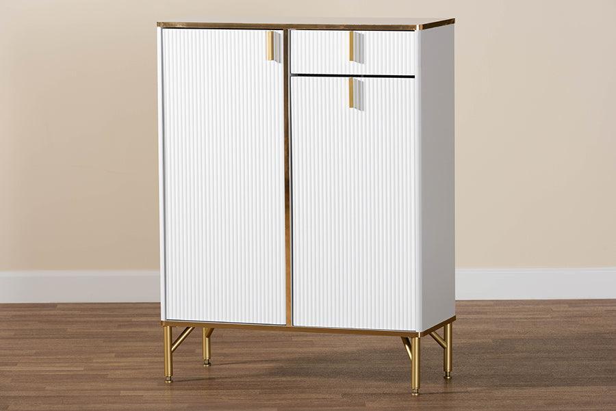 Baxton Studio Lilac Modern Glam White Wood and Gold Metal 2-Door Shoe Cabinet FredCo