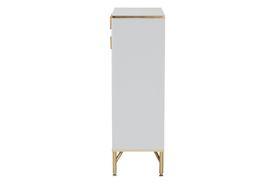 Baxton Studio Lilac Modern Glam White Wood and Gold Metal 2-Door Shoe Cabinet FredCo