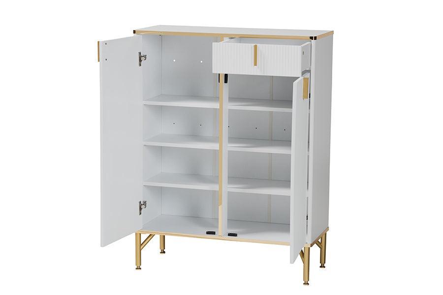 Baxton Studio Lilac Modern Glam White Wood and Gold Metal 2-Door Shoe Cabinet FredCo