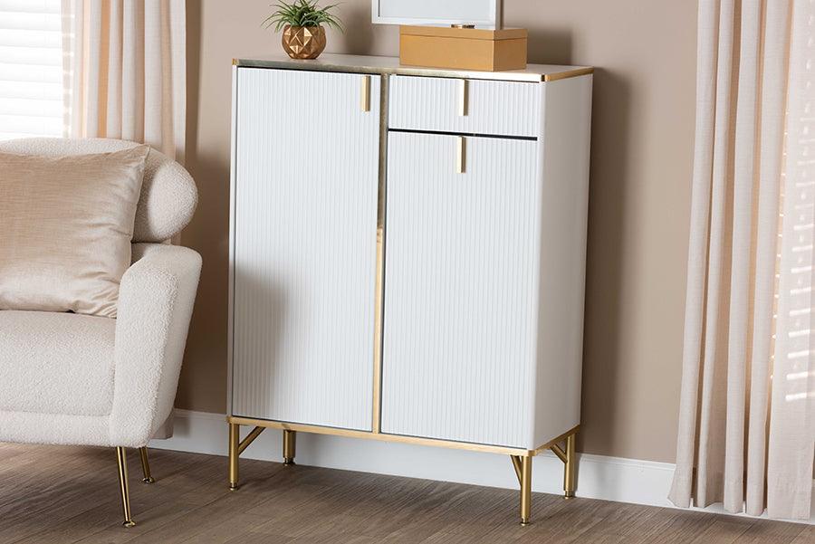 Baxton Studio Lilac Modern Glam White Wood and Gold Metal 2-Door Shoe Cabinet FredCo