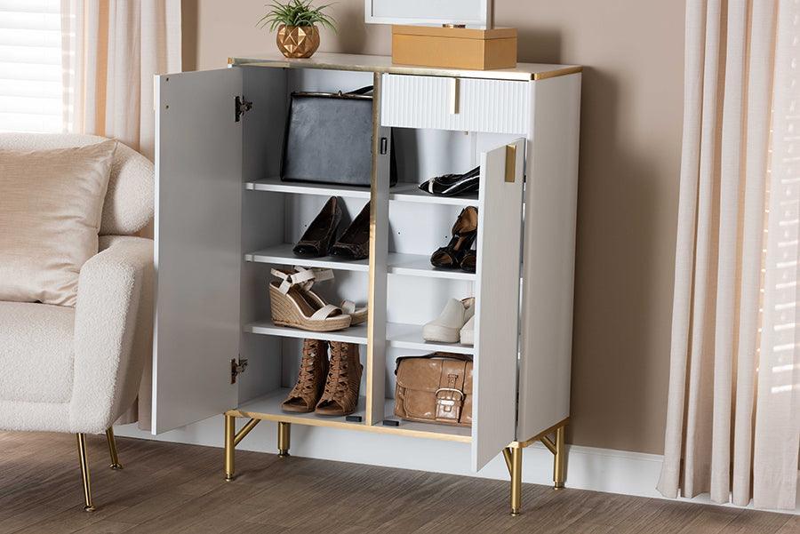 Baxton Studio Lilac Modern Glam White Wood and Gold Metal 2-Door Shoe Cabinet FredCo