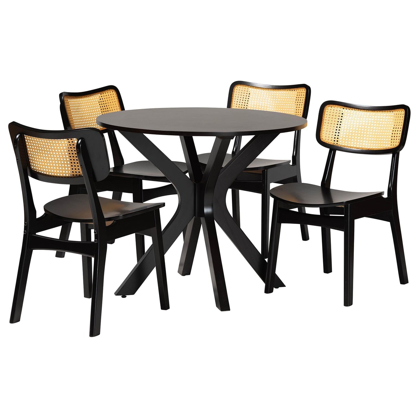 Baxton Studio Linnet Mid-Century Modern Dark Brown Finished Wood and Rattan 5-Piece Dining Set FredCo