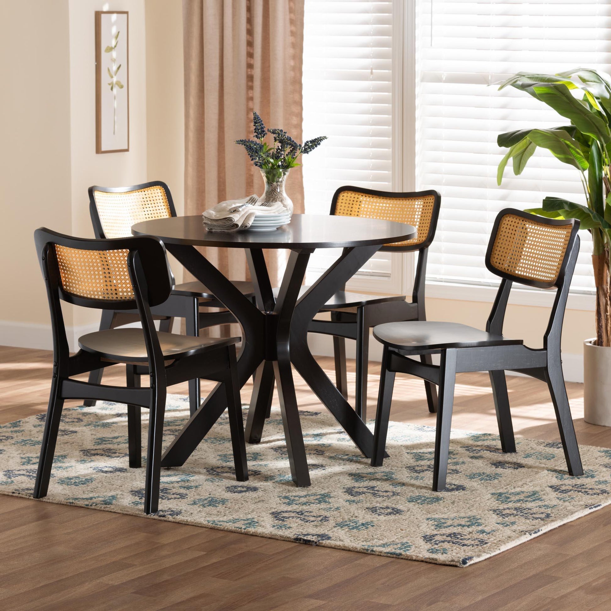Baxton Studio Linnet Mid-Century Modern Dark Brown Finished Wood and Rattan 5-Piece Dining Set FredCo