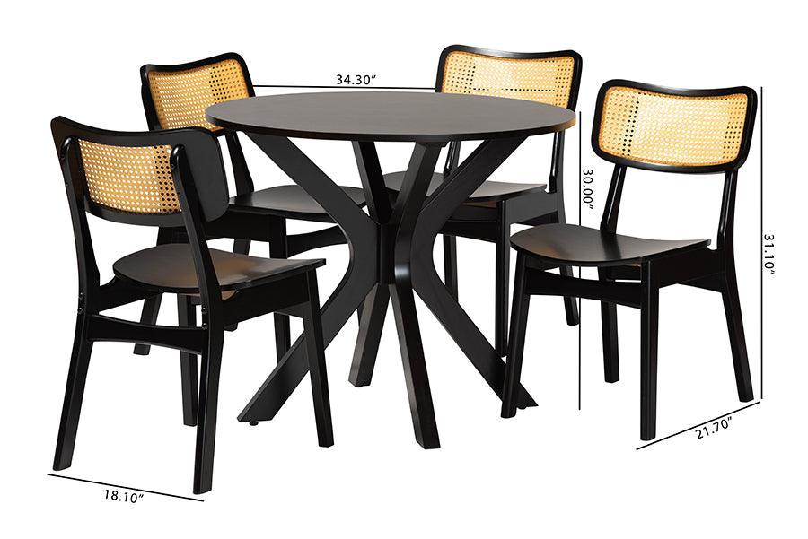 Baxton Studio Linnet Mid-Century Modern Dark Brown Finished Wood and Rattan 5-Piece Dining Set FredCo