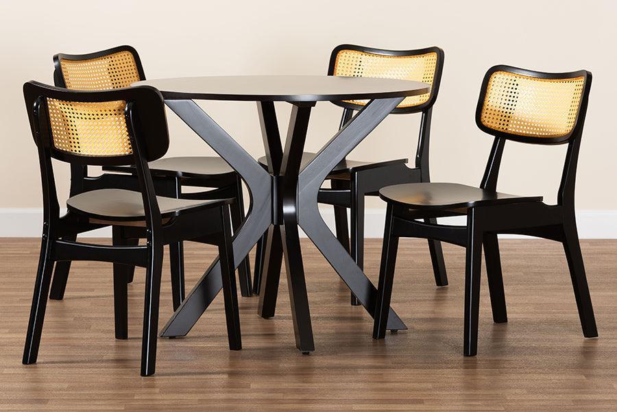 Baxton Studio Linnet Mid-Century Modern Dark Brown Finished Wood and Rattan 5-Piece Dining Set FredCo