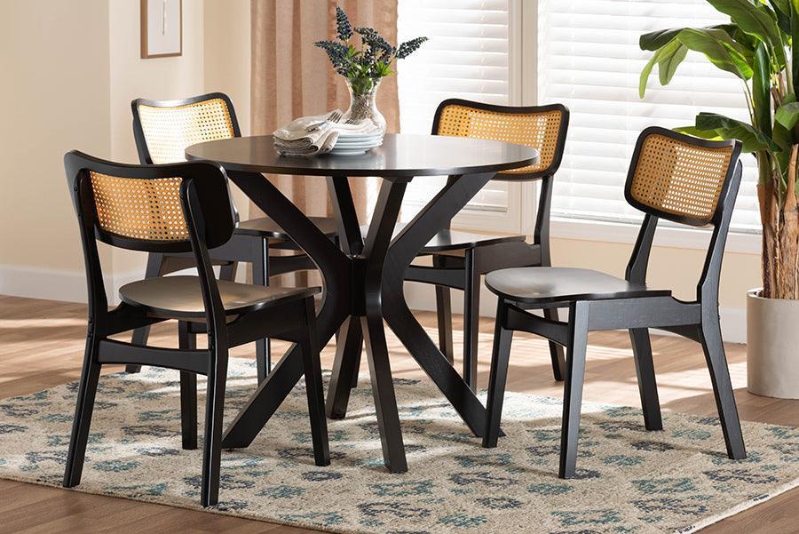 Baxton Studio Linnet Mid-Century Modern Dark Brown Finished Wood and Rattan 5-Piece Dining Set FredCo