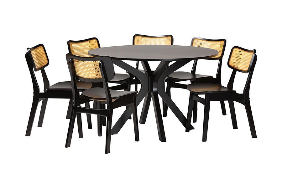 Baxton Studio Linnet Mid-Century Modern Dark Brown Finished Wood and Rattan 7-Piece Dining Set FredCo