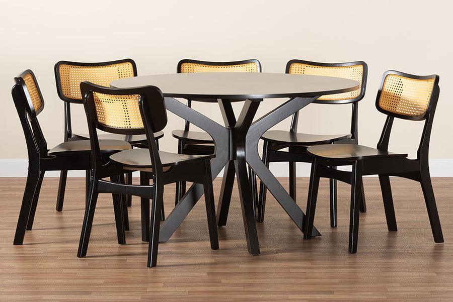 Baxton Studio Linnet Mid-Century Modern Dark Brown Finished Wood and Rattan 7-Piece Dining Set FredCo