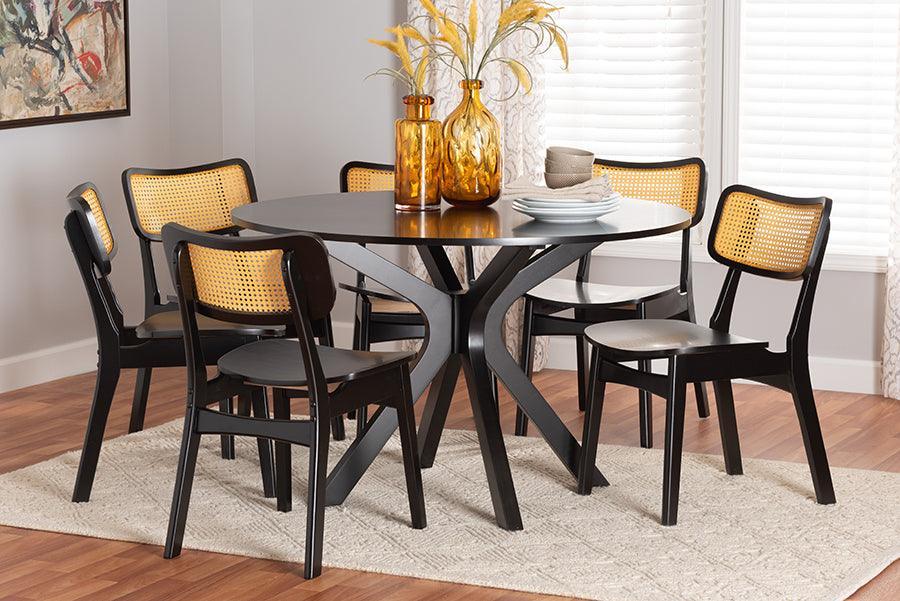Baxton Studio Linnet Mid-Century Modern Dark Brown Finished Wood and Rattan 7-Piece Dining Set FredCo
