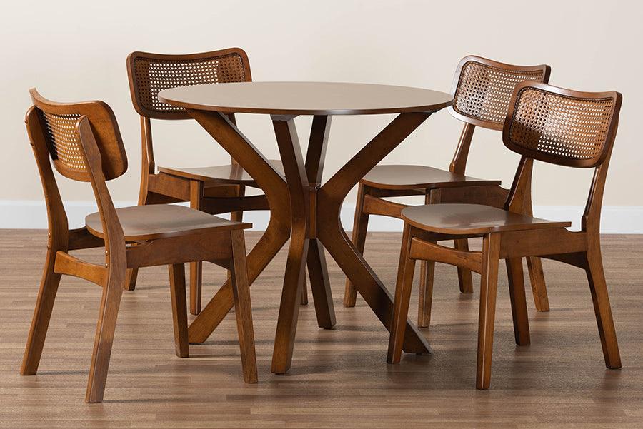 Baxton Studio Linnet Mid-Century Modern Walnut Brown Finished Wood and Rattan 5-Piece Dining Set FredCo