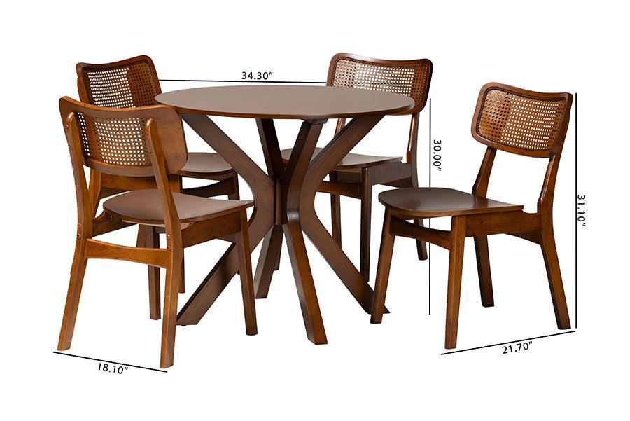 Baxton Studio Linnet Mid-Century Modern Walnut Brown Finished Wood and Rattan 5-Piece Dining Set FredCo