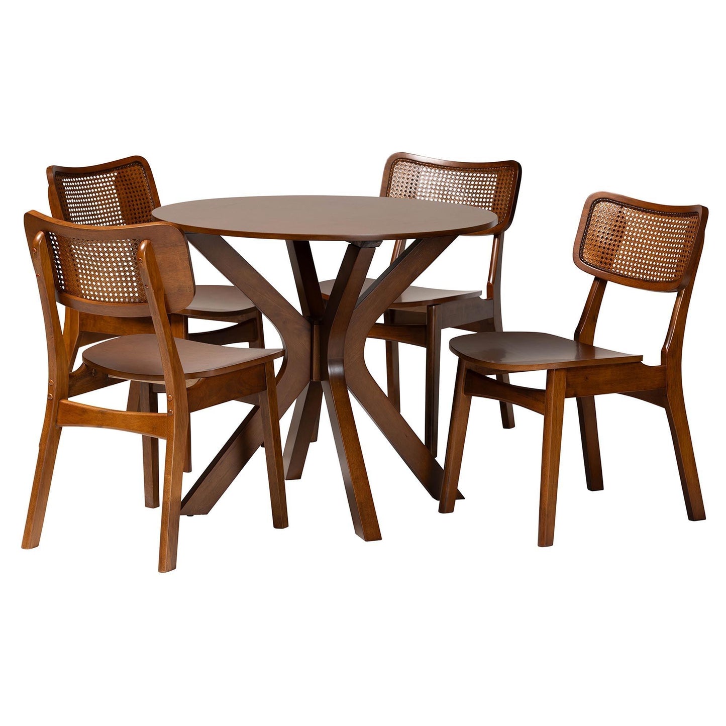 Baxton Studio Linnet Mid-Century Modern Walnut Brown Finished Wood and Rattan 5-Piece Dining Set FredCo