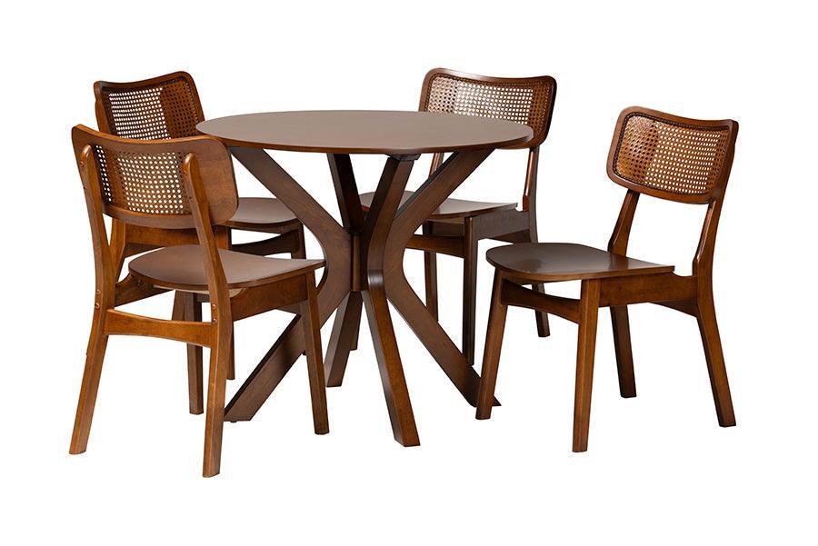 Baxton Studio Linnet Mid-Century Modern Walnut Brown Finished Wood and Rattan 5-Piece Dining Set FredCo