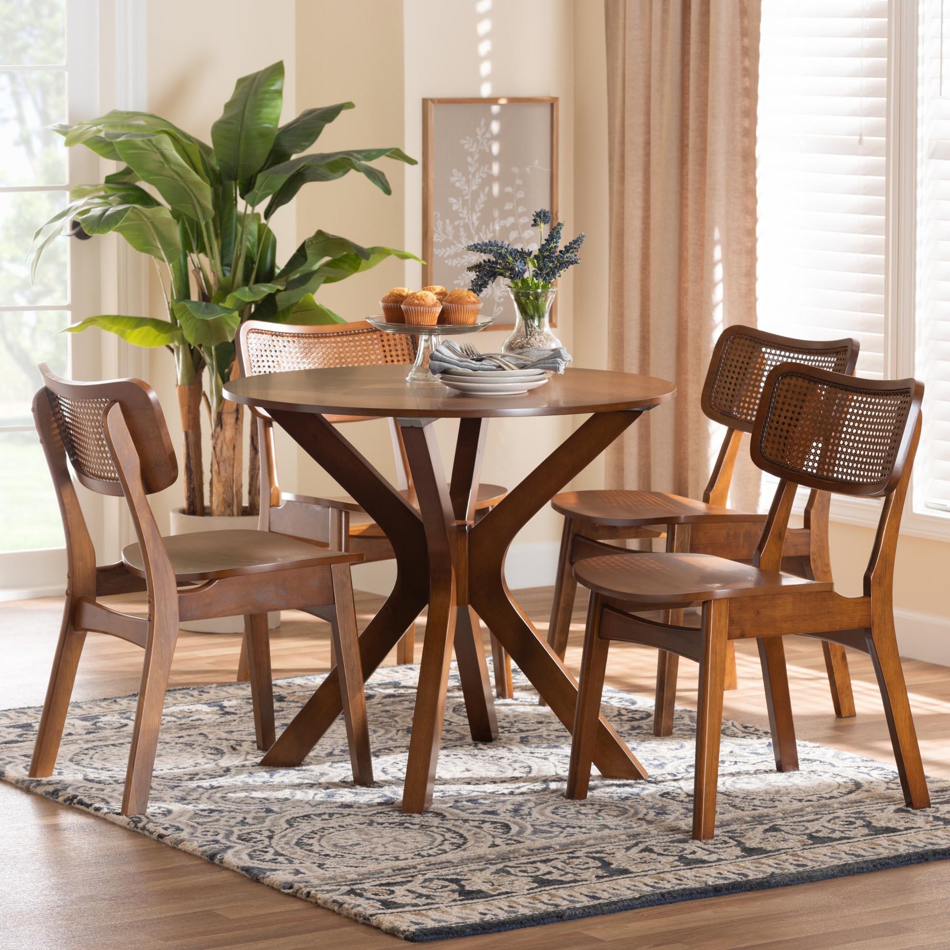 Baxton Studio Linnet Mid-Century Modern Walnut Brown Finished Wood and Rattan 5-Piece Dining Set FredCo