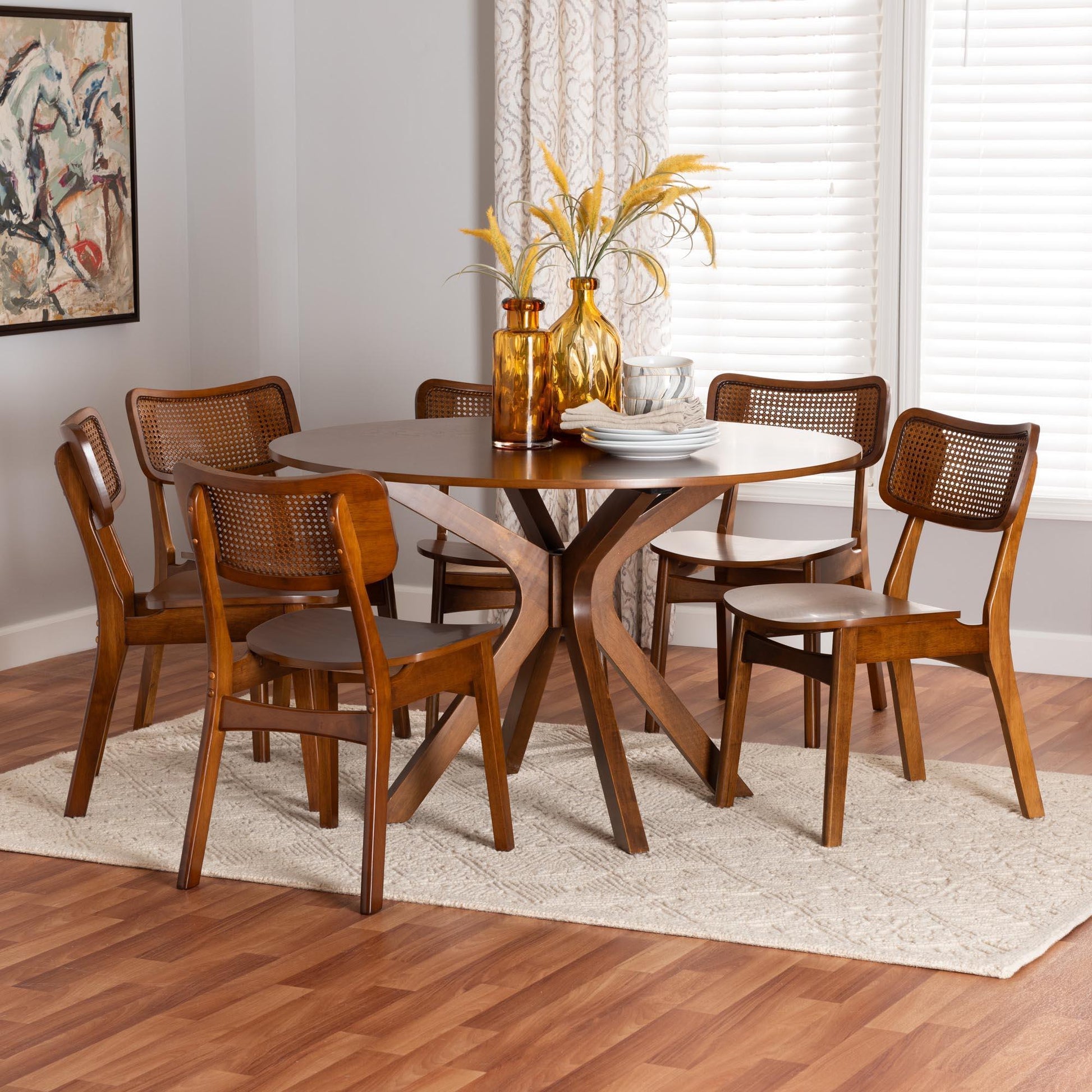 Baxton Studio Linnet Mid-Century Modern Walnut Brown Finished Wood and Rattan 7-Piece Dining Set FredCo