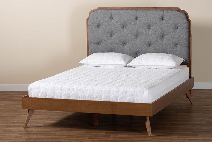Baxton Studio Lorana Mid-Century Modern Grey Fabric and Walnut Brown Wood King Size Platform Bed FredCo
