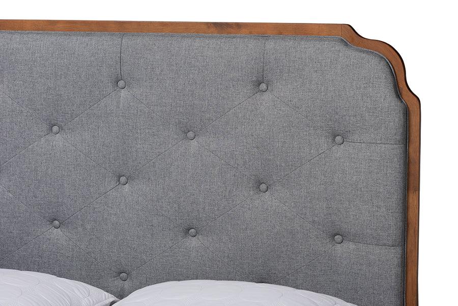 Baxton Studio Lorana Mid-Century Modern Grey Fabric and Walnut Brown Wood King Size Platform Bed FredCo