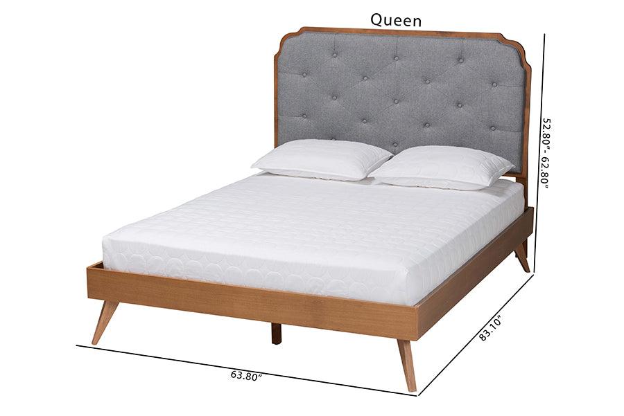 Baxton Studio Lorana Mid-Century Modern Grey Fabric and Walnut Brown Wood King Size Platform Bed FredCo