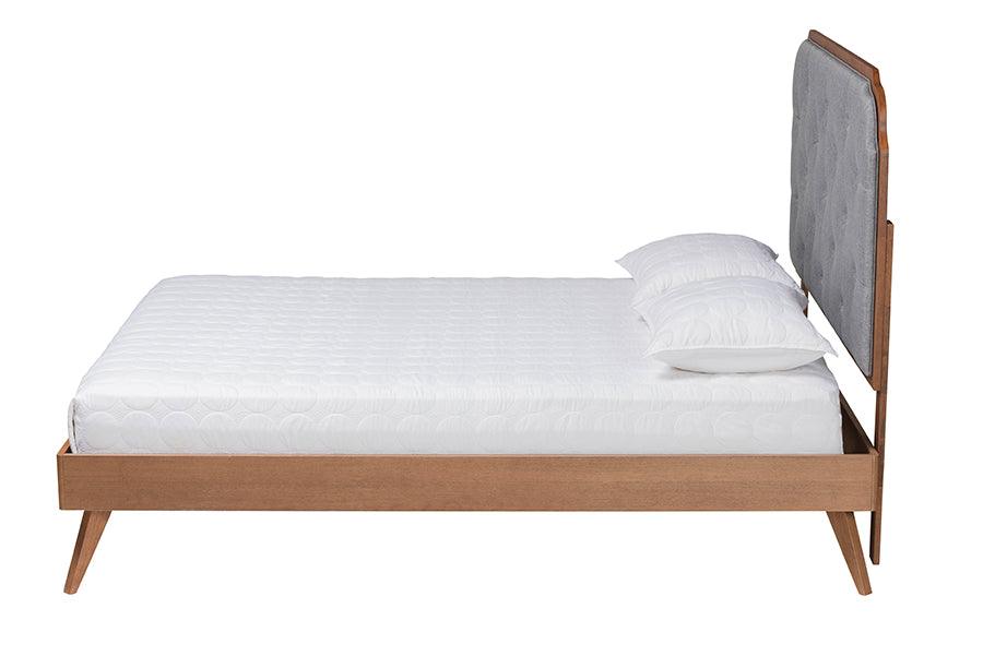 Baxton Studio Lorana Mid-Century Modern Grey Fabric and Walnut Brown Wood King Size Platform Bed FredCo